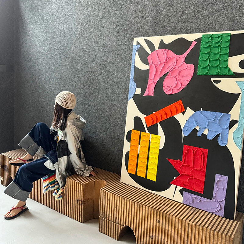 纯手绘抽象立体色块装饰画现代趣味多巴胺儿童房客厅壁画玄关壁画图片