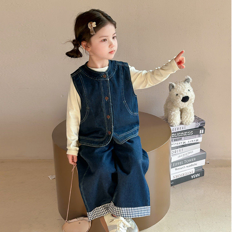 女小童春秋款套装2026新款女宝宝马甲阔腿裤春装小女孩牛仔三件套