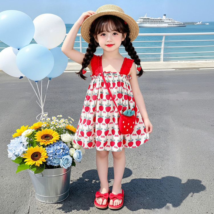 女童连衣裙夏季2026新款儿童洋气薄款夏装女宝宝甜美草莓吊带裙子