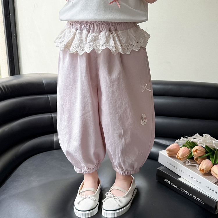 女童裤子夏薄款2026新款女小童双层花边休闲裤儿童装束脚口防蚊裤
