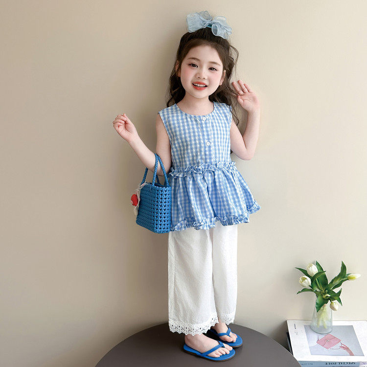 女童夏装套装2026新款儿童洋气韩版女孩夏季甜美格子休闲两件套潮