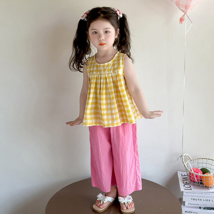 女童套装夏季2026新款儿童女宝宝夏装格子背心薄款阔腿裤两件套
