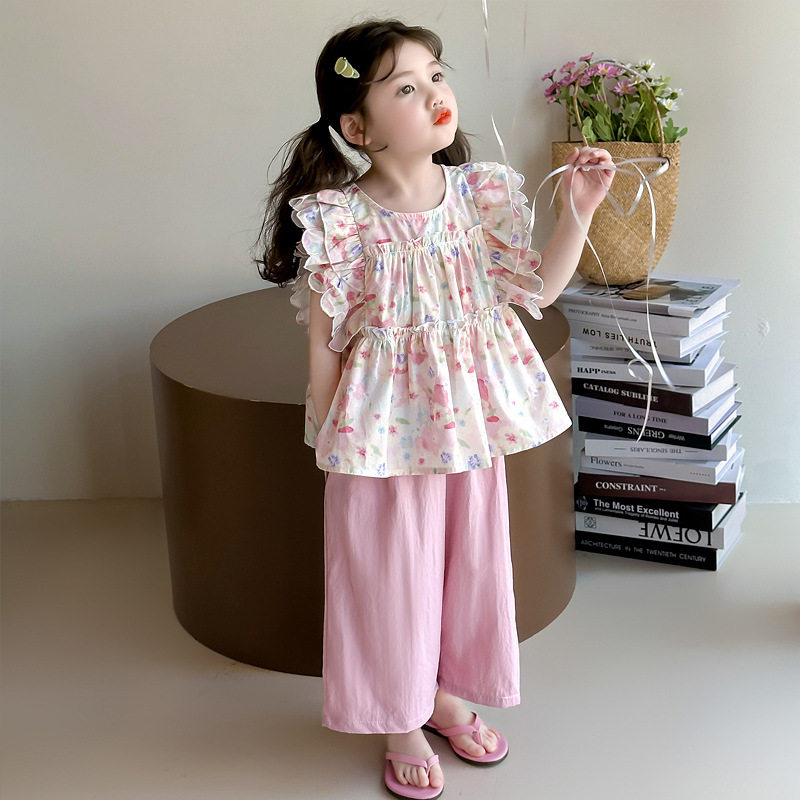 女童夏装套装2026新款女宝宝洋气飞袖娃娃衫阔腿裤花边薄款两件套