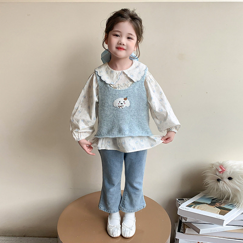 女童春款衬衫针织马甲套装2026新款秋装女孩韩版衬衣毛衣两件套