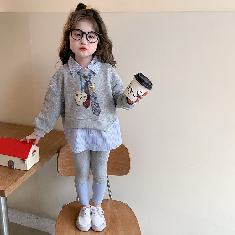 女童时尚印花假两件卫衣套装2026春秋季新款时髦打底裤春装两件套