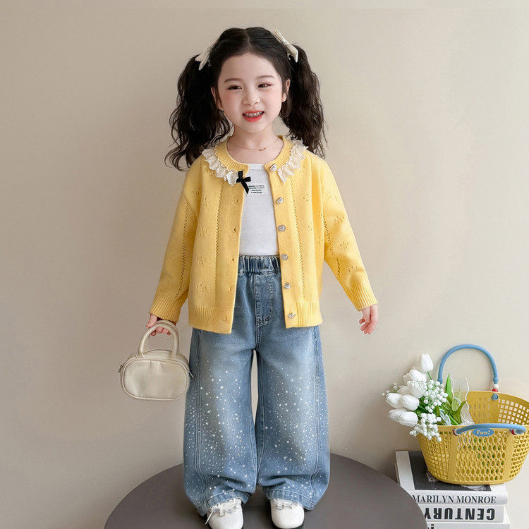 女童春秋季套装韩系2026新款儿童甜美假两件毛衣烫钻牛仔裤两件潮