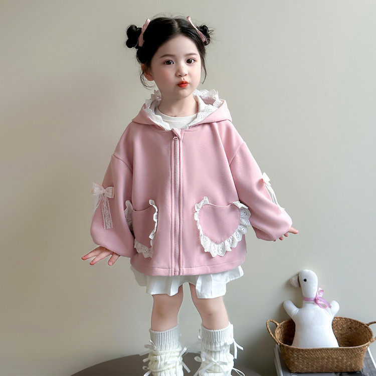 女童外套春秋2025休闲韩版花边小女孩拉链连帽秋装新款卫衣开衫