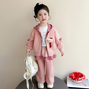 女童连帽假两件春款套装2026新款时尚春装开衫卫衣阔腿裤两件套