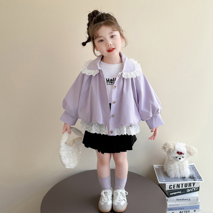 女童花边娃娃领外套女孩春秋款儿童韩系薄款上衣宝宝春季时髦衣服