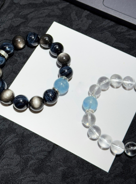 天然黑曜石海蓝宝手链手串情侣