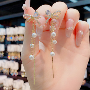 流苏耳坠女s925银针超仙耳饰 微镶锆石蝴蝶结珍珠长款 2021秋季 新款