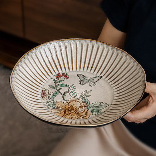 巷子尾〖蝶恋花〗复古9英寸浮雕深盘陶瓷家用菜碗大号异形沙拉盘