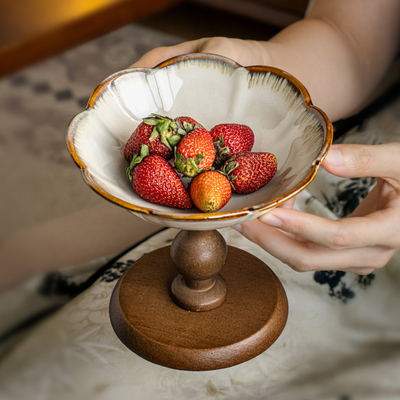 巷子尾〖复古花朵高脚盘〗木质果盘茶几糕点干果盘陶瓷甜品台摆件