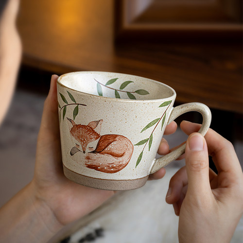 小狐眠创意马克杯粗陶咖啡杯水杯