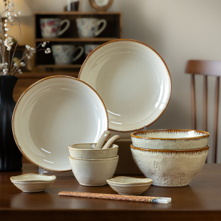 巷子尾〖芸黄餐具套装〗日式碗碟套装家用陶瓷碗盘复古乔迁碗具