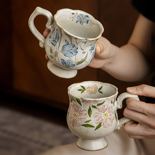 巷子尾〖中古风花朵杯〗情侣杯子高颜值咖啡杯茶杯粗陶高脚马克杯