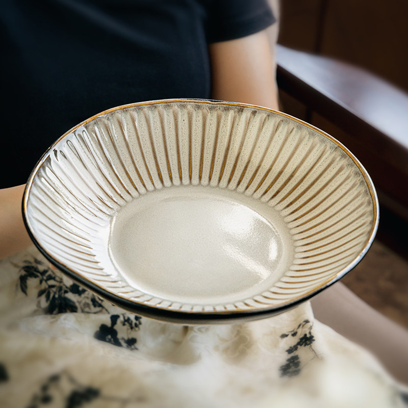 复古做旧深盘9英寸浮雕陶瓷菜盘