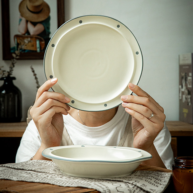 巷子尾〖自带颜值〗复古波点意面盘不规则哑光深盘甜品店陶瓷盘子,餐饮具,盘,淘宝优惠券,粉丝福利购,淘宝优惠卷