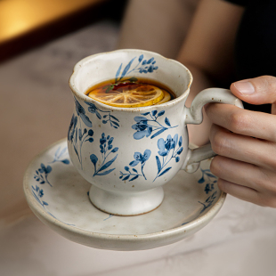 巷子尾〖蓝杜鹃〗手工粗陶杯碟套装 复古咖啡杯拉花杯子家用马克杯