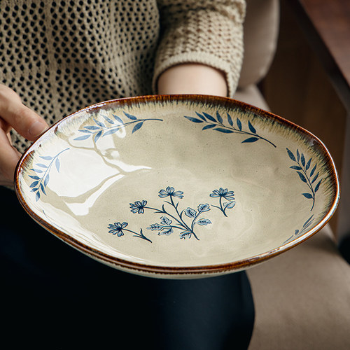 巷子尾〖精致漂亮餐盘〗9英寸不规则深盘陶瓷早餐沙拉盘复古菜碗