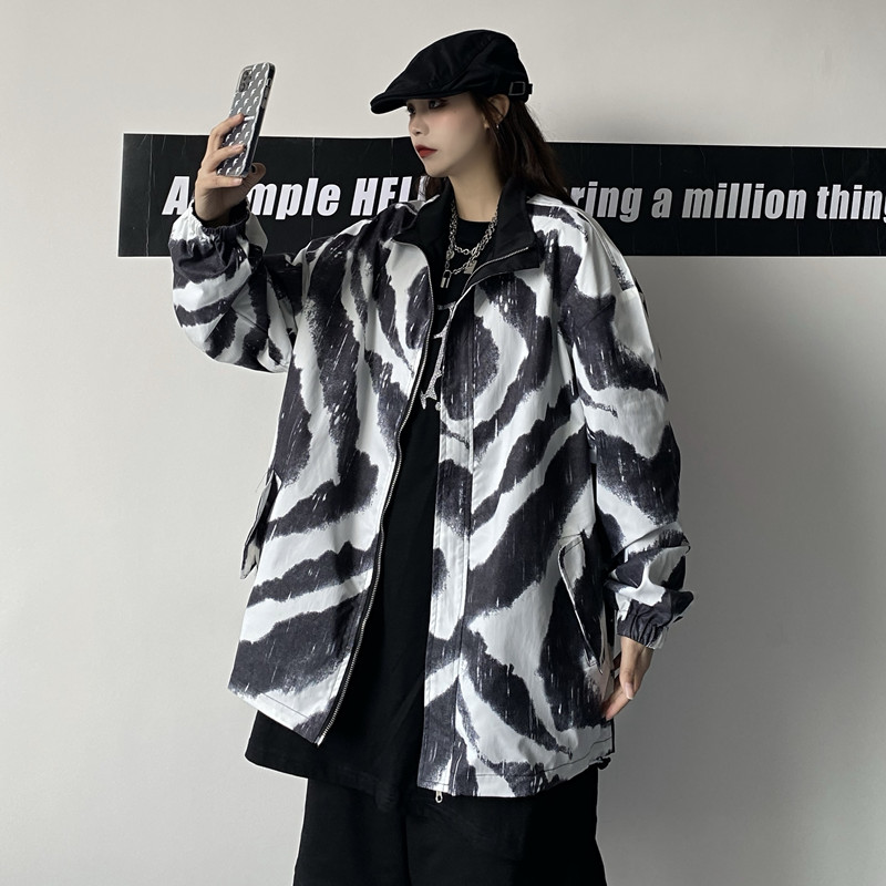 Real shot Jacket Women's street zebra pattern spring new style with loose Korean baseball uniform on both sides