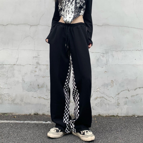 Real price black chessboard lattice high street Wide Leg Pants NEW Loose straight sports casual pants