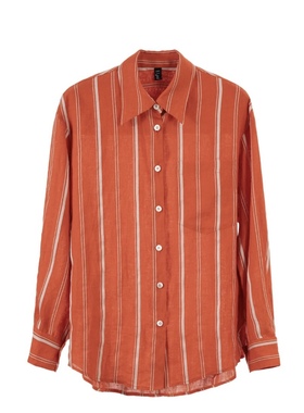 松弛法式复古时髦落肩度假风亚麻红色条纹衬衫2025年新款女装8801