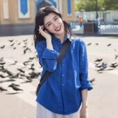 克莱因蓝色棉质衬衣高端外搭长袖 法式 上衣 女春夏款 高级感棉麻衬衫
