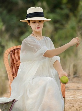 2024春季文艺苎麻加捻细皱肌理双层黄色连衣裙女宽松棉麻仙气长裙