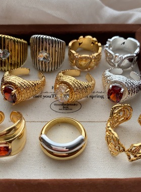 欧美公主宫廷风黄金色戒指小众戒环点钻首饰高级百搭气质个性