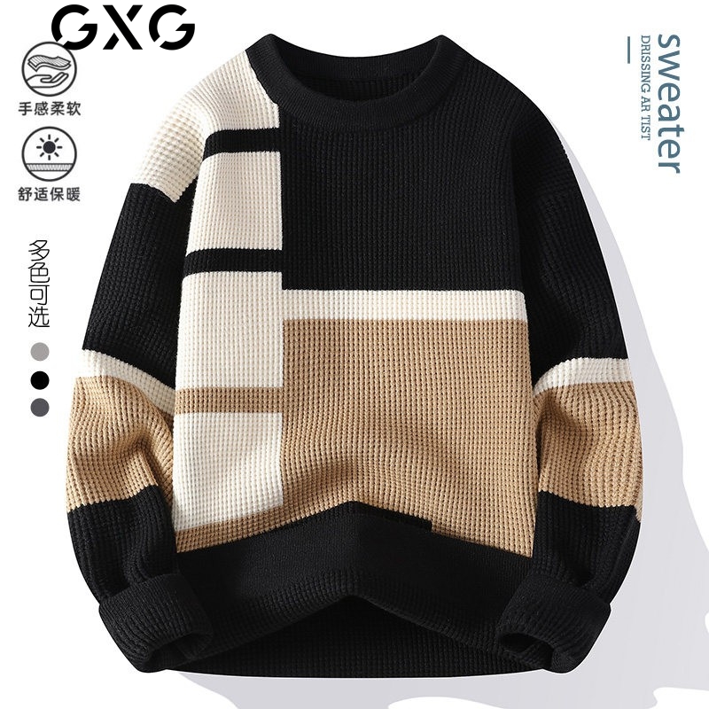 GXG男装 官方正品秋冬毛衣通勤舒适拼接厚款针织衫撞色线衫不起球