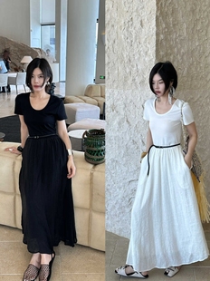 特价夏新【ONIVINTAGE欧尼】亚麻U领面料拼接休闲连衣裙(配腰带)