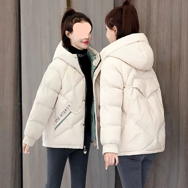 棉服女冬2025冬季韩版宽松连帽小个子短款印花棉衣棉袄外套女装