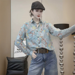 棉麻碎花长袖衬衫女士欧货2025新款时尚宽松大摆方领休闲印花衬衣