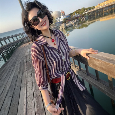港风复古夏季七分袖丝麻条纹宽松衬衫洋气短款系带小个子衬衣小衫