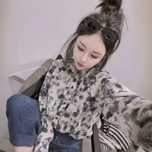 欧货春秋冬复古棉麻印花衬衫女高级小众韩版宽松洋气百搭碎花衬衣