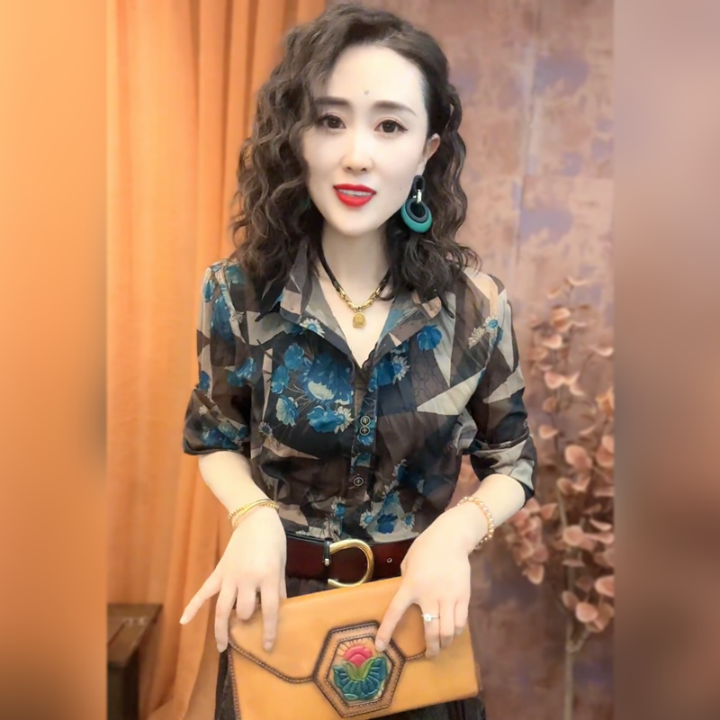 宽松休闲长袖丝麻褶皱衬衫