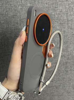 三只鱼【小众素皮纹磁吸深灰色手提绳】适用于vivox300pro/x200ultra手机壳新款个性时尚防摔全包保护套男女