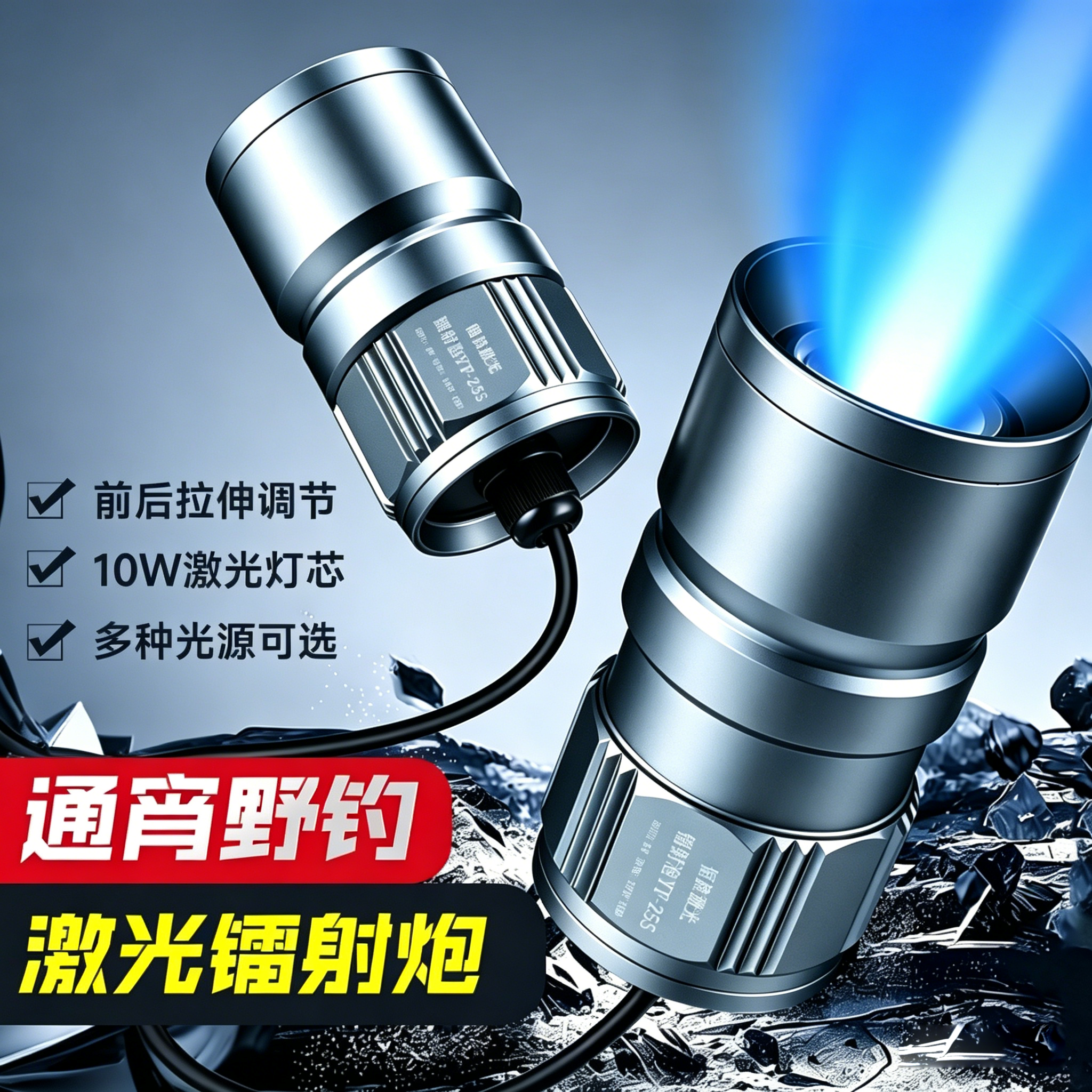 新恒流强光钓鱼灯USB超亮强光户外调焦LED黄白蓝大功率灯头激光炮