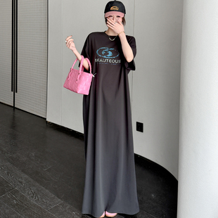 大码宽松高个子超长款T恤裙女夏季字母印花做旧直筒短袖连衣裙潮