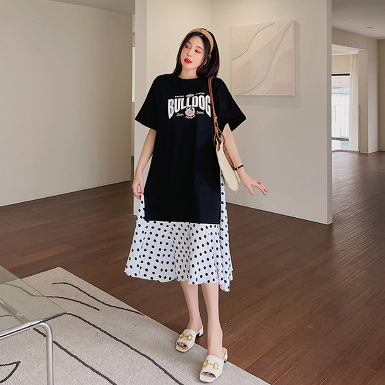 大码胖mm巨显瘦穿搭波点雪纺假两件连衣裙夏季200斤女装遮肚短袖