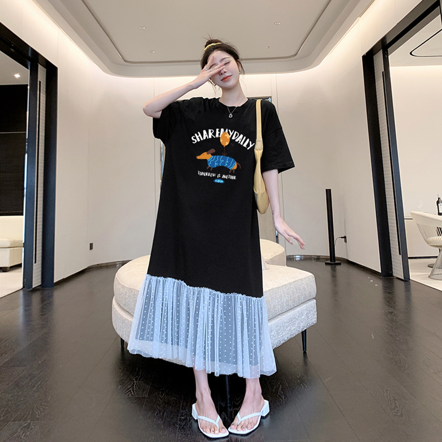 胖mm特大码精致女装绝美减龄t恤裙夏季假两件拼接连衣裙孕妇可穿t