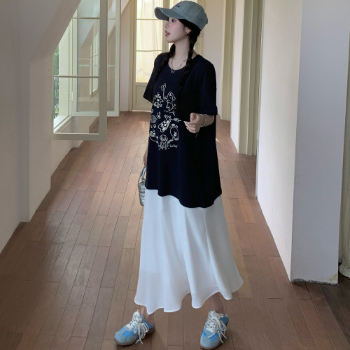 欧货韩系慵懒宽松印花短袖T恤2026新款休闲简约高级感两件套装裙