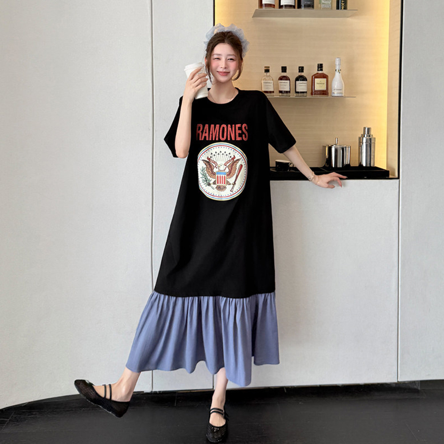 高个子假两件拼接连衣裙女夏宽松显瘦大码雪纺长裙子2026新款女装