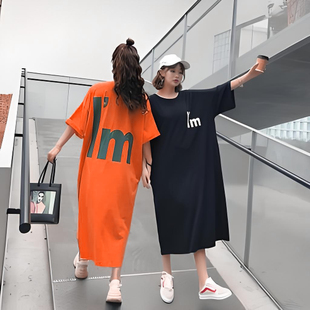 大码 胖mm宽松连衣裙女短袖 t恤裙胖妹妹过膝懒人长裙微胖显瘦夏季