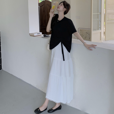 大码女装韩剧穿搭套装夏季蝴蝶结上衣胖MM遮肚显瘦蛋糕裙子两件套