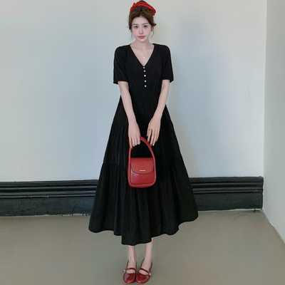 黑色懒人大码宽松气质V领连衣裙女夏季高级感显瘦泡泡袖a字长裙潮