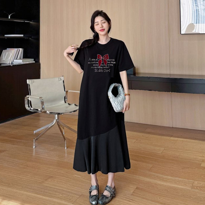 胖mm特大码绝美夏装高端烫钻连衣裙宽松巨遮肉长裙短袖2026夏新款