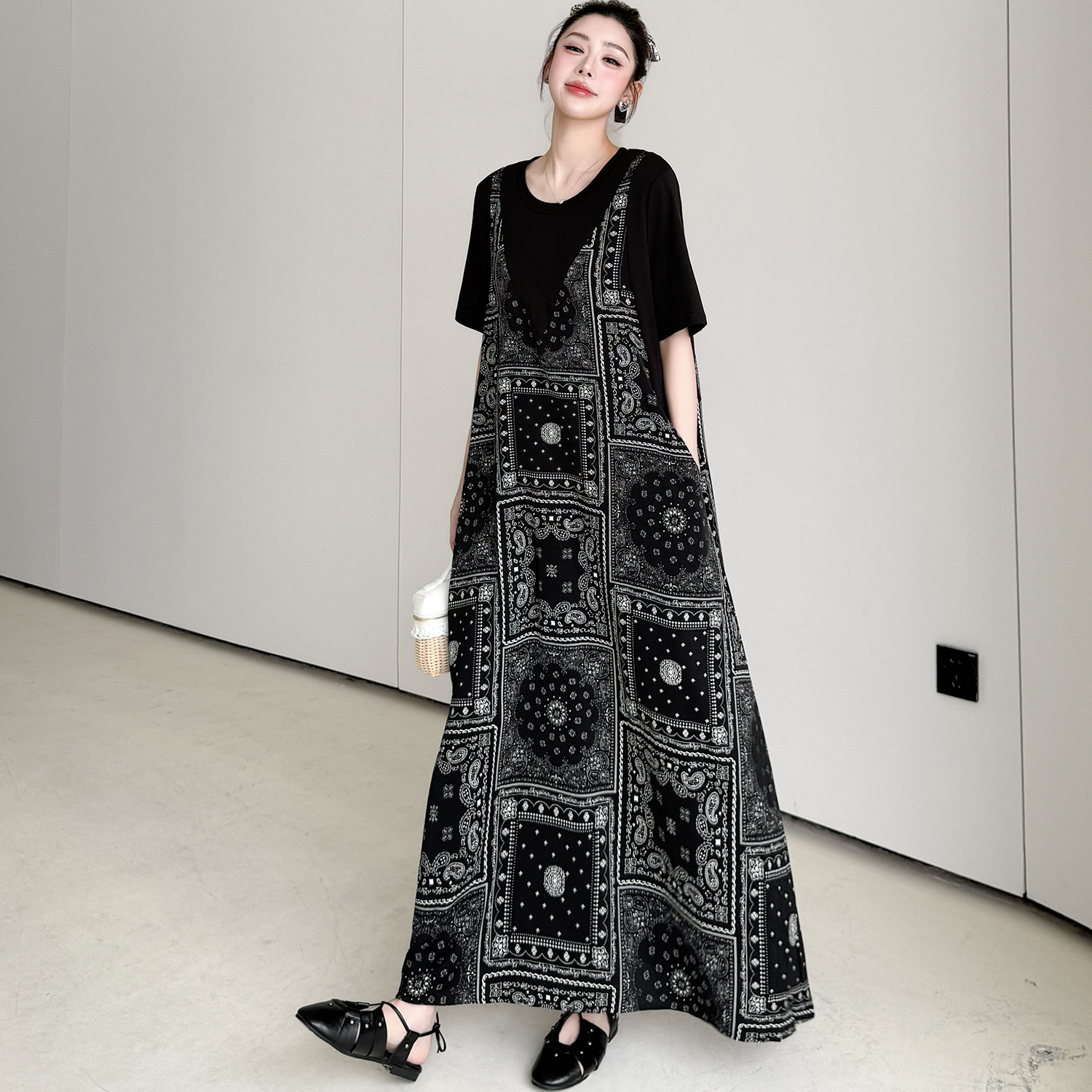 欧美风大版2026夏季时尚假两件短袖连衣裙大码显瘦遮肉T恤长裙子