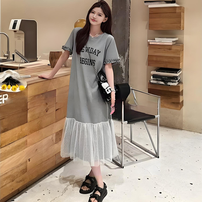 巨好看的宽松连衣裙胖mm夏装减龄2025超火长裙网纱拼接大码T恤裙
